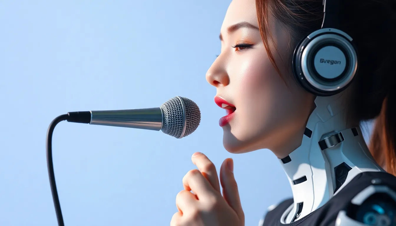 An woman who appears to be a robot singing a song in a microphone, depicting AI creating songs
