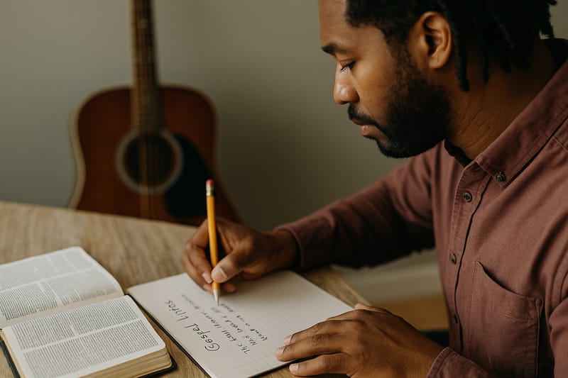 A person writing lyrics for a gospel song to be fed to Neume's AI gospel music generator