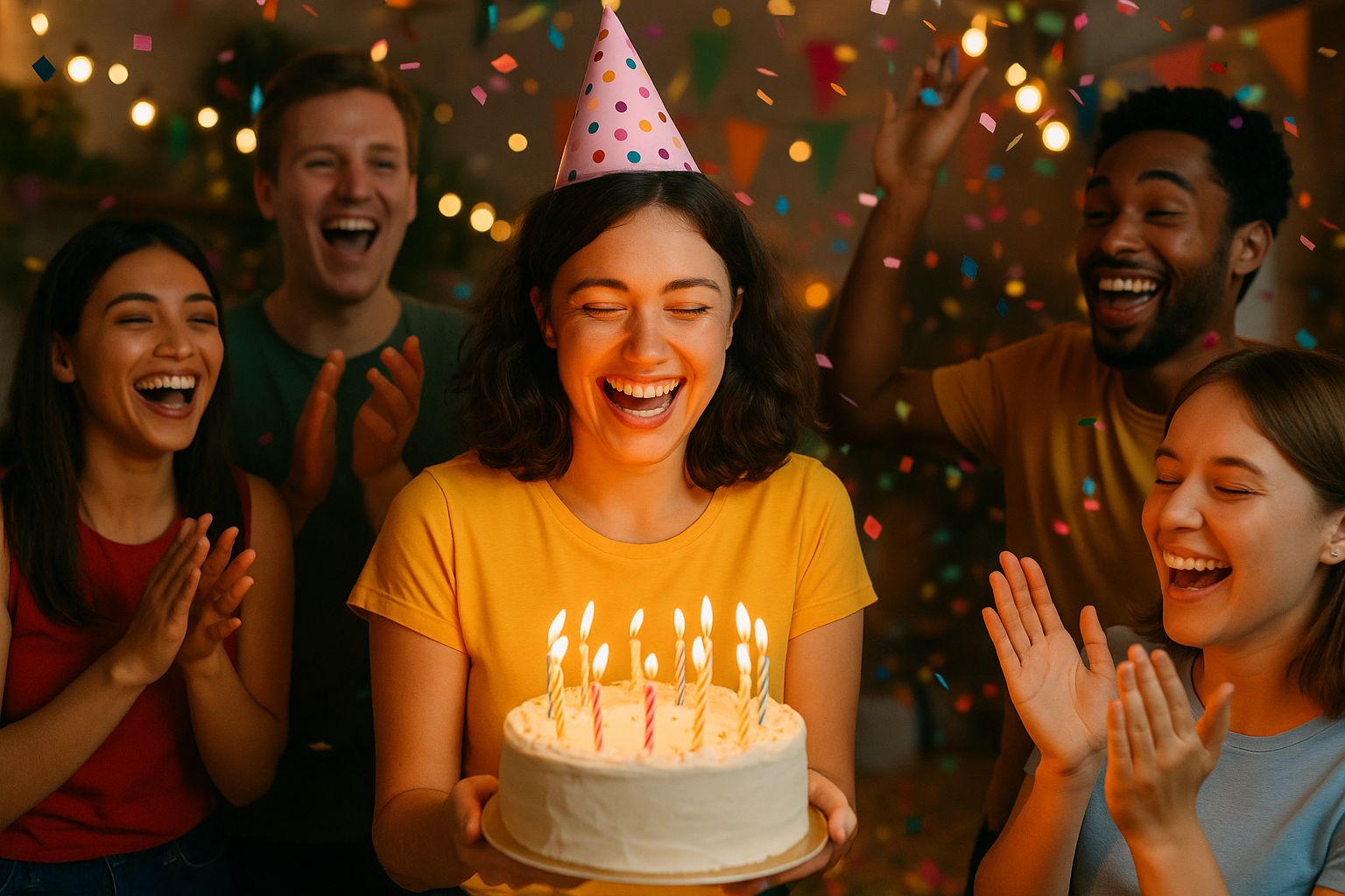 A happy lady celebrating her birthday with friends