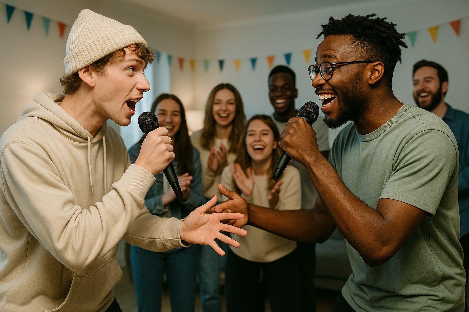 A group of friends singing disses at one another