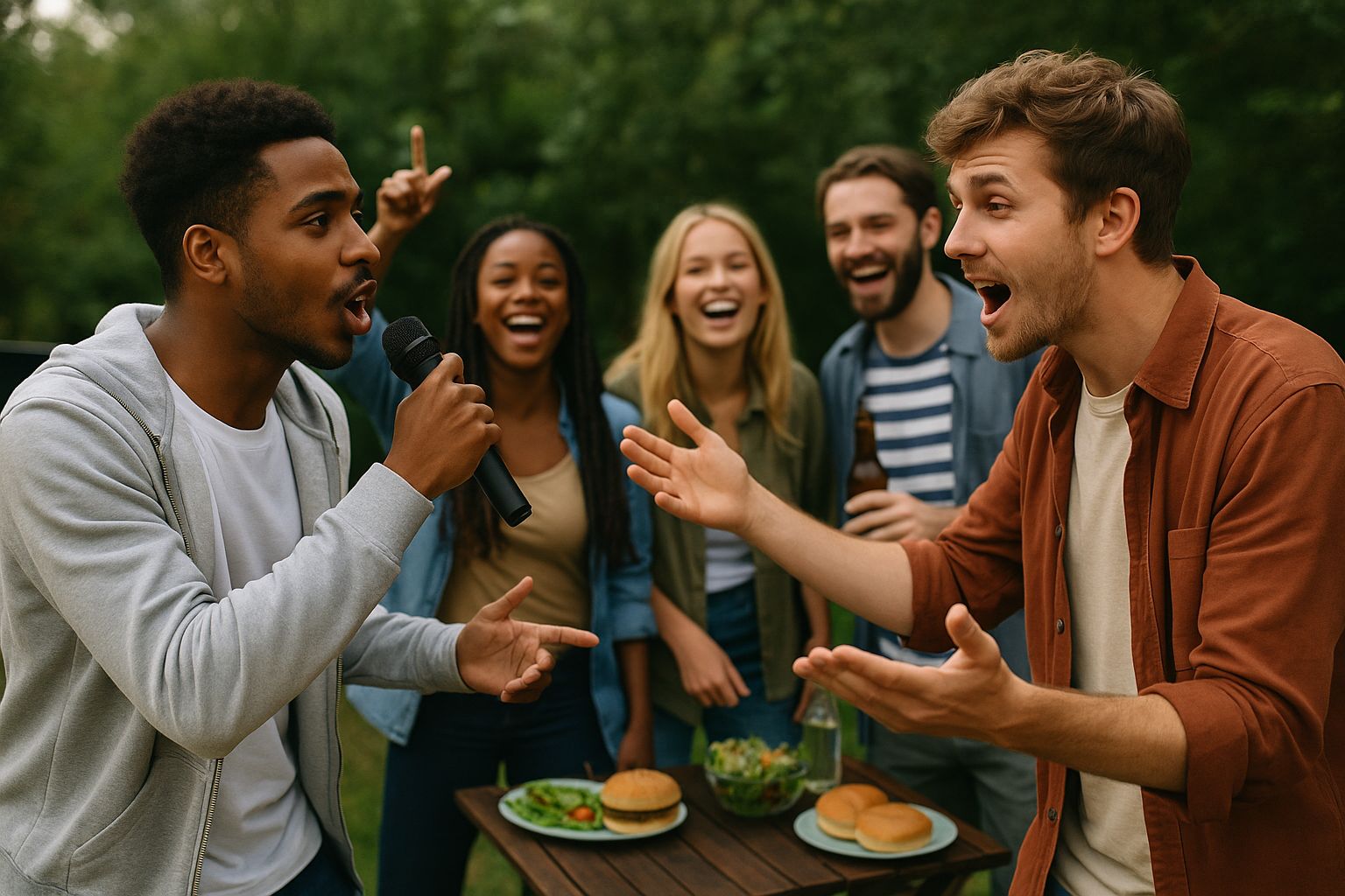 A group of friends singing disses at one another at an outdoor party