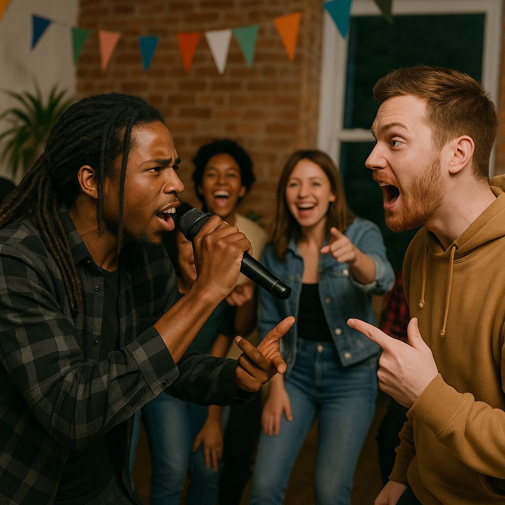 A party with friends singing disses at one another
